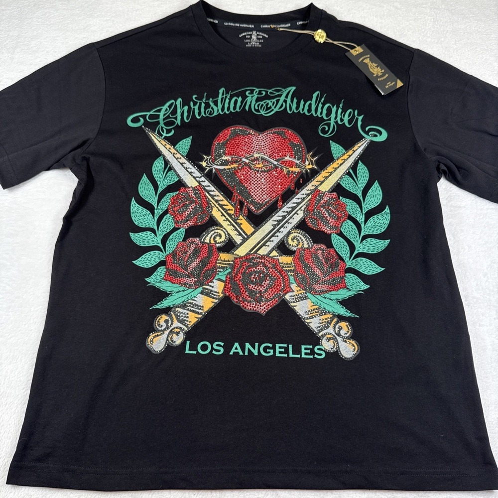 Christian Audigier Men's Graphic Logo Rhinestone Shirt Black Size Large NWT.